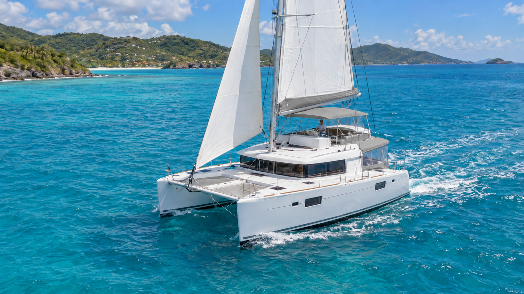 AI-generated illustration of a Lagoon 450 F catamaran with gray canvas cruising in turquoise Caribbean waters